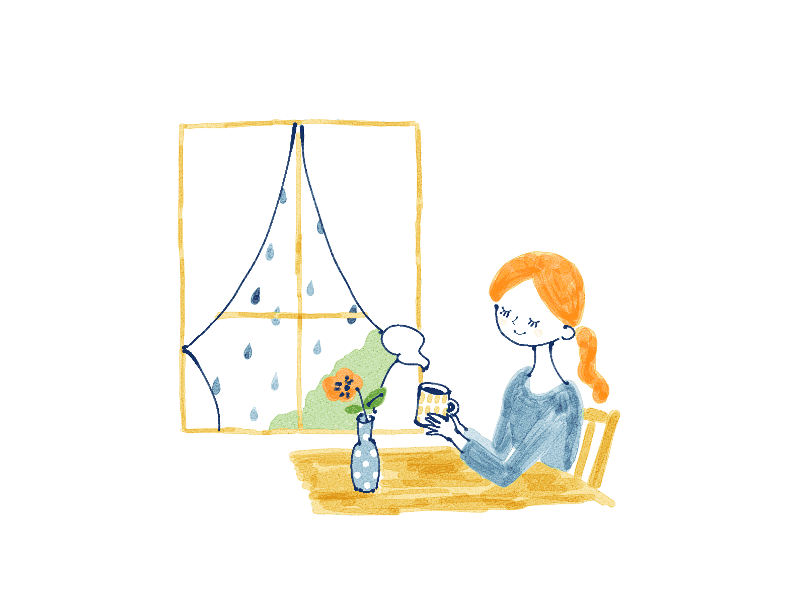 お茶を飲みながらのんびりする女性のイラスト